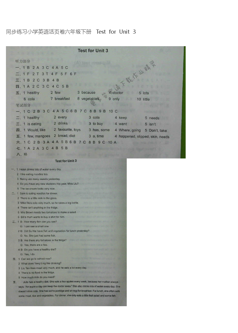 同步练习小学英语活页卷六年级下册   Test  for  Unit  3