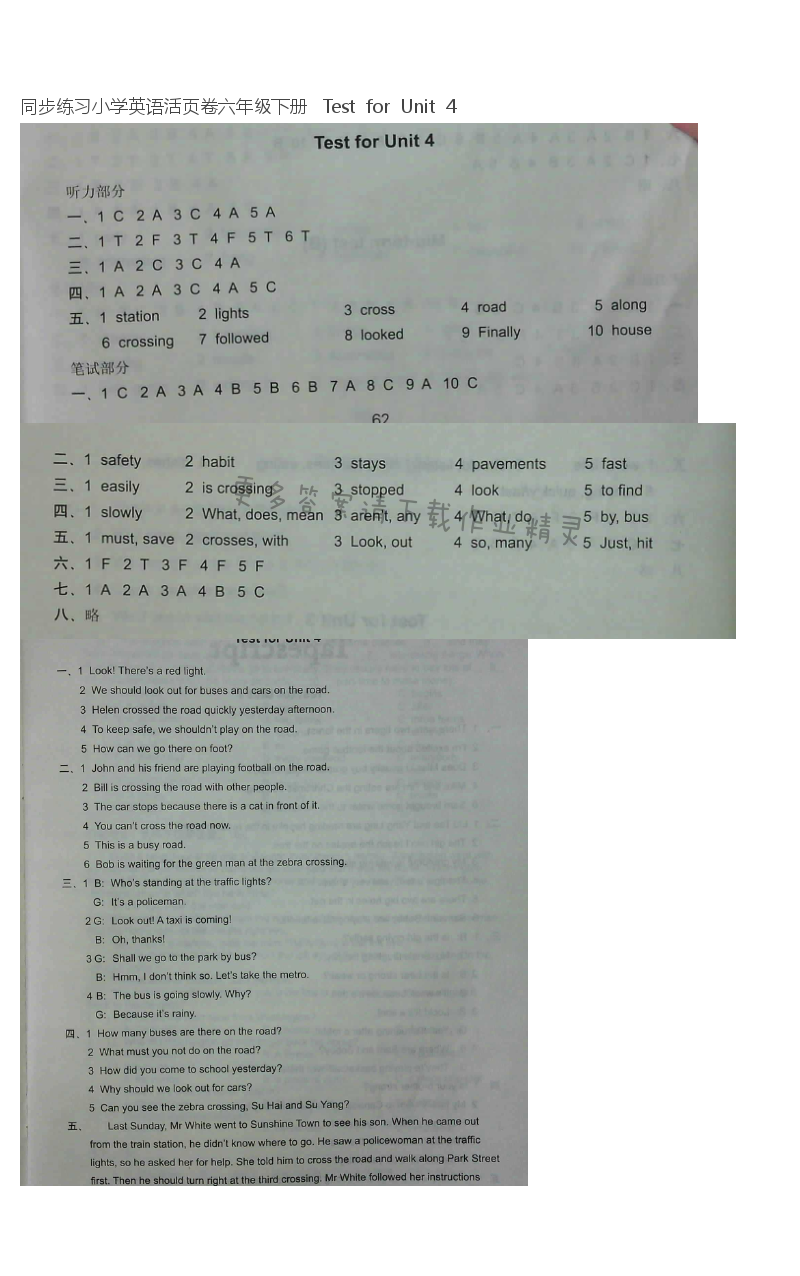 同步练习小学英语活页卷六年级下册   Test  for  Unit  4