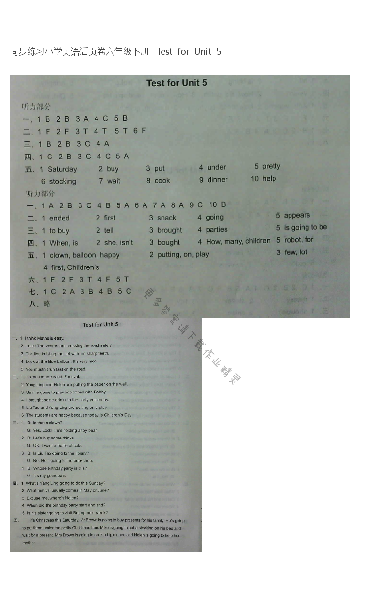同步练习小学英语活页卷六年级下册   Test  for  Unit  5