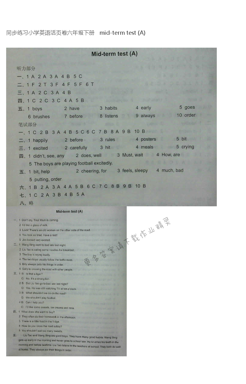 同步练习小学英语活页卷六年级下册   mid-term test (A)