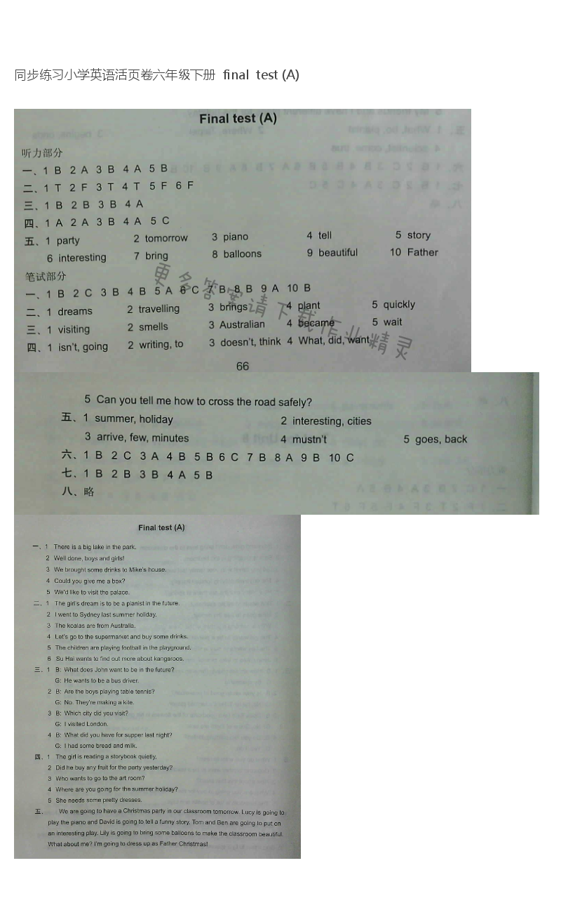 同步练习小学英语活页卷六年级下册  final  test (A)