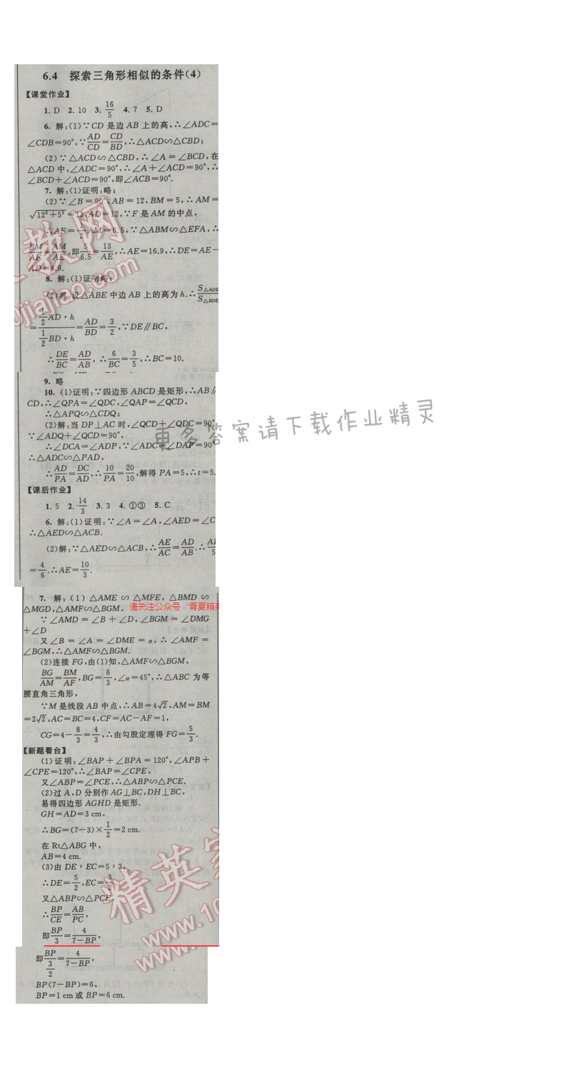 2017苏科版 启东黄冈作业本九年级数学下册 6.4 探索三角形相似的条件（4）
