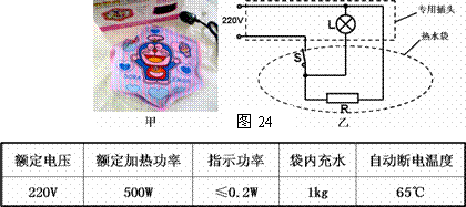 如图甲所示是一种常见的电热水袋,图乙是它的结构示意图,其性能指标如