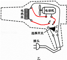 如甲图是电吹风的电路图乙图是电路元件实物图选择开关绕o点转动可