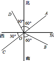 如图所示的四条射线中,表示南偏西60°的是( )