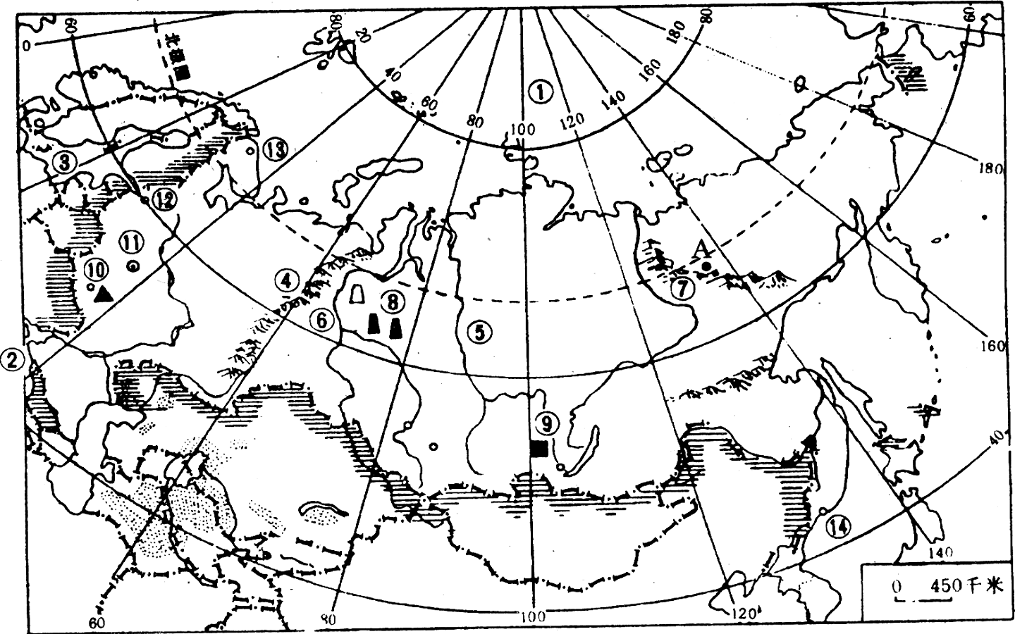 请将图上数字所代表的地理事物名称填在相应的空格里