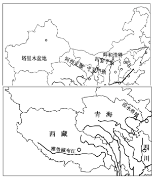 读"西北地区及青藏地区图,回答