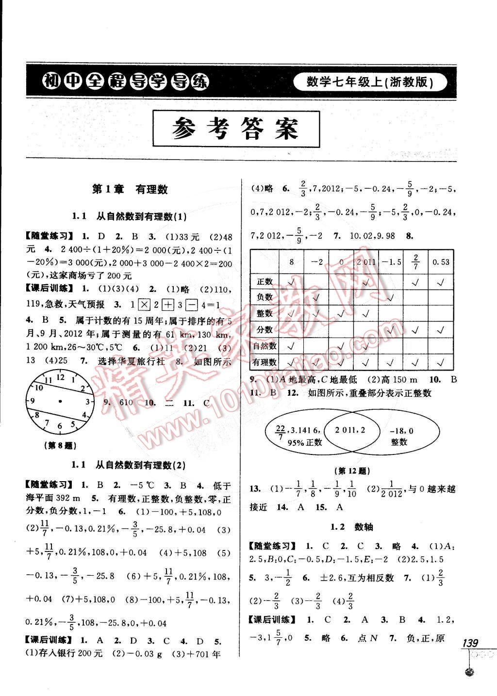 2014年初中全程导学导练七年级数学上册浙教版 第1页 参考答案