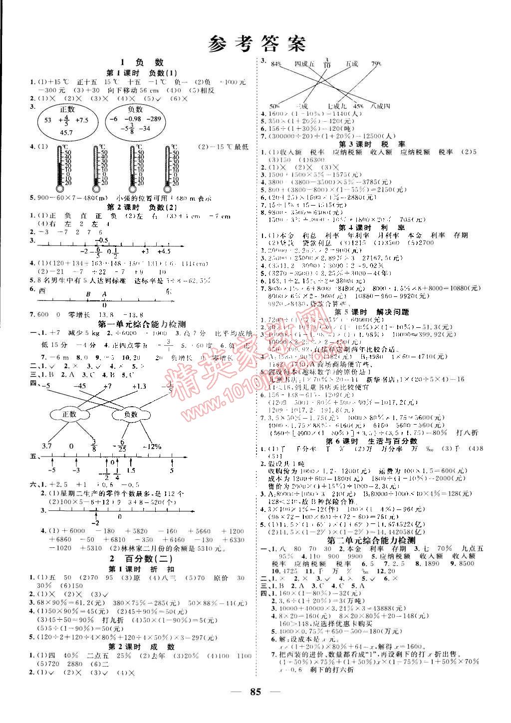 2015年阳光课堂课时优化作业六年级数学下册人教版答案