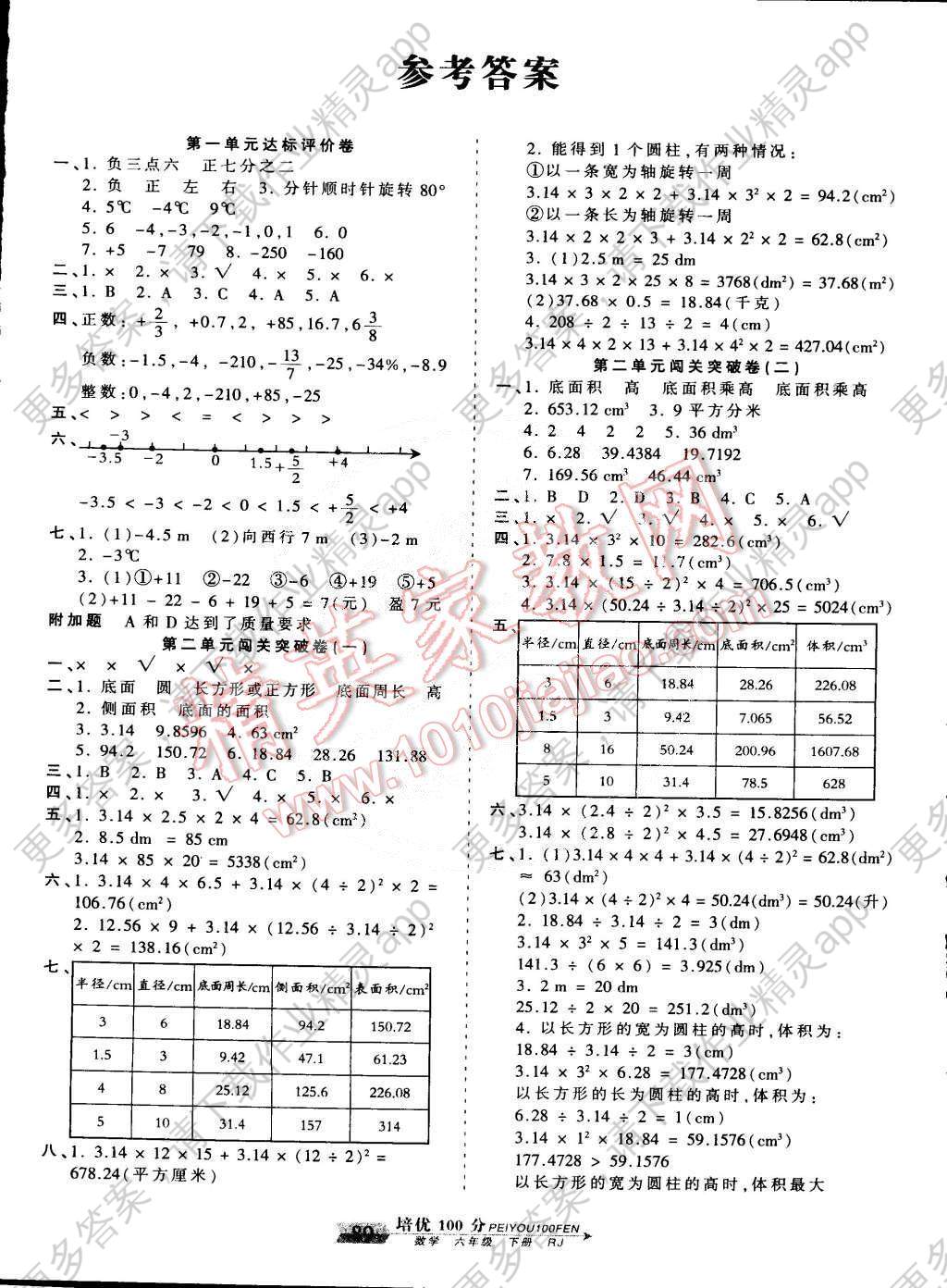 2015年王朝霞培优100分六年级数学下册人教版答案—精英家教网