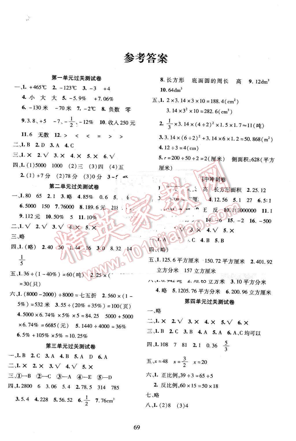 2016年名校名卷期末衝刺100分六年級數學下冊人教版