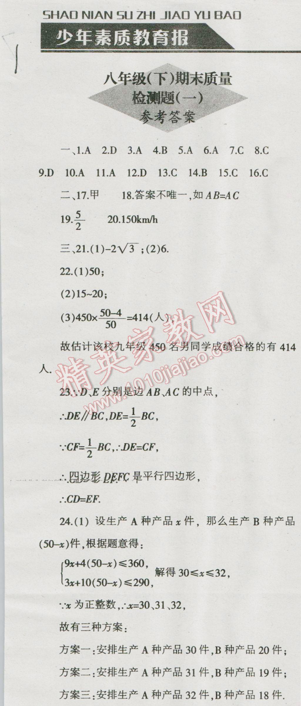 2016年少年素质教育报数学周刊暑假作业八年级下册人教版