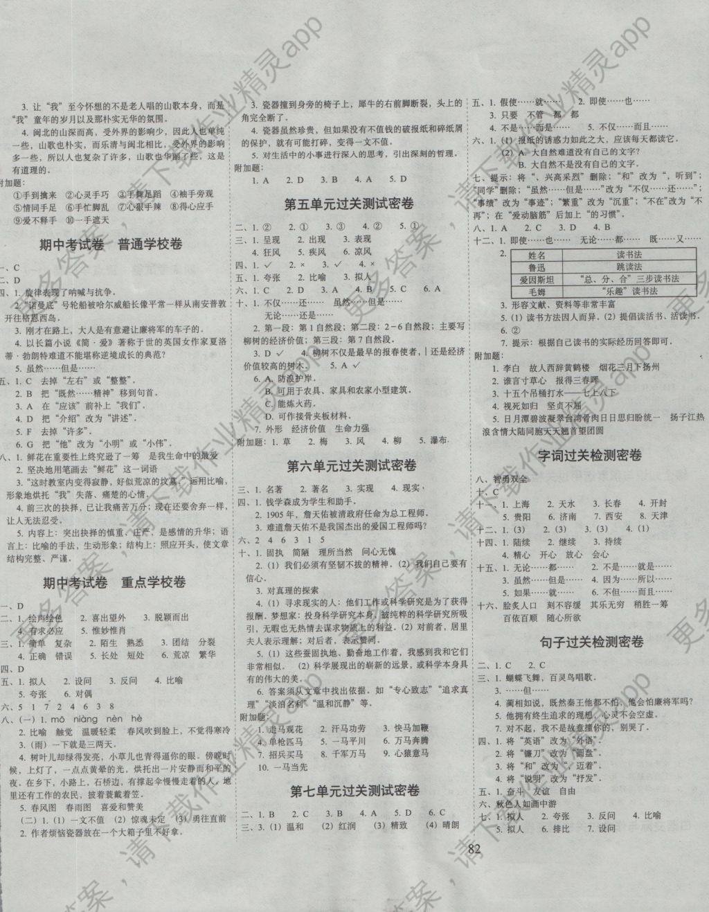 2016年期末冲刺100分完全试卷六年级语文上册苏教版 参考答案第2页