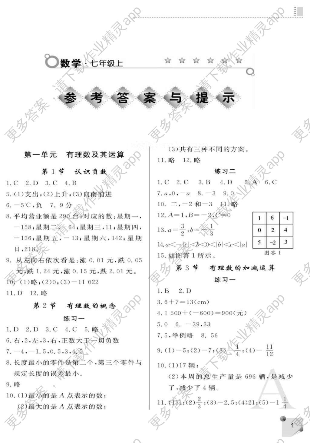 2016年课堂练习册七年级数学上册a版答案