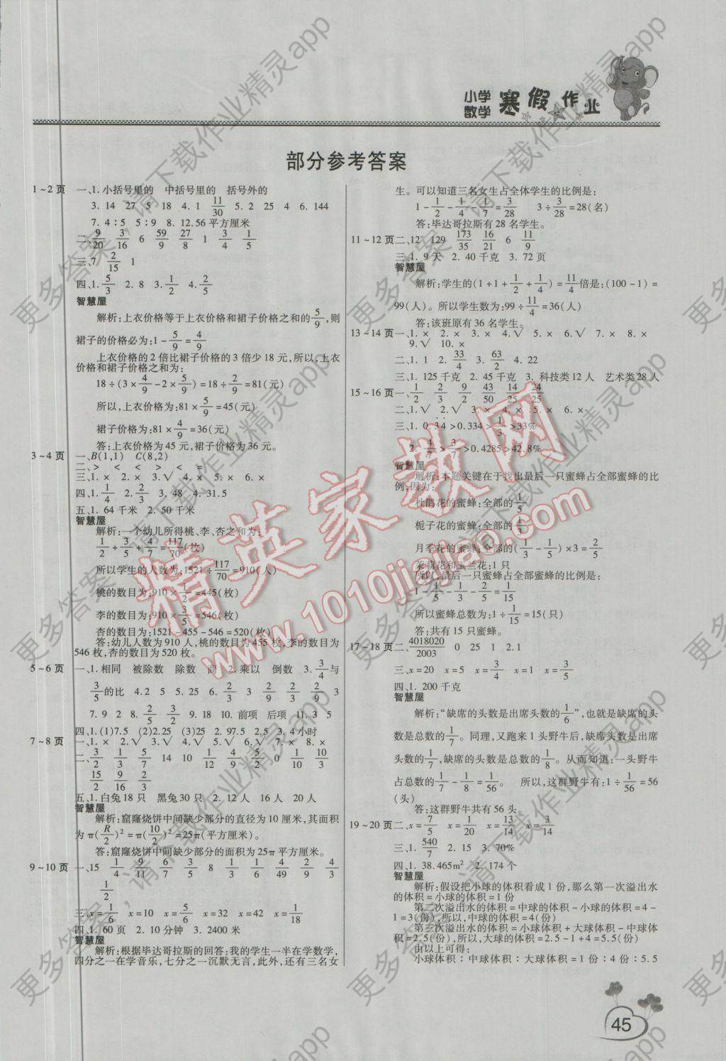 2017年新锐图书假期园地寒假作业六年级数学人教版 参考答案第1页