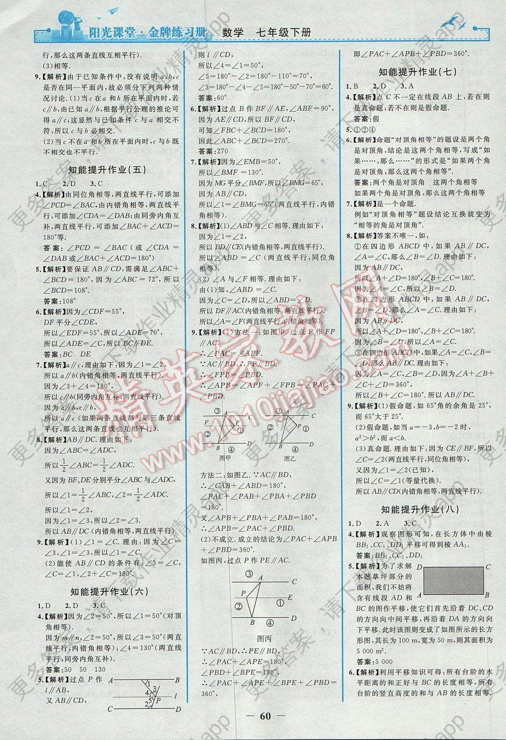 2017年阳光课堂金牌练习册七年级数学下册人教版 参考答案第12页