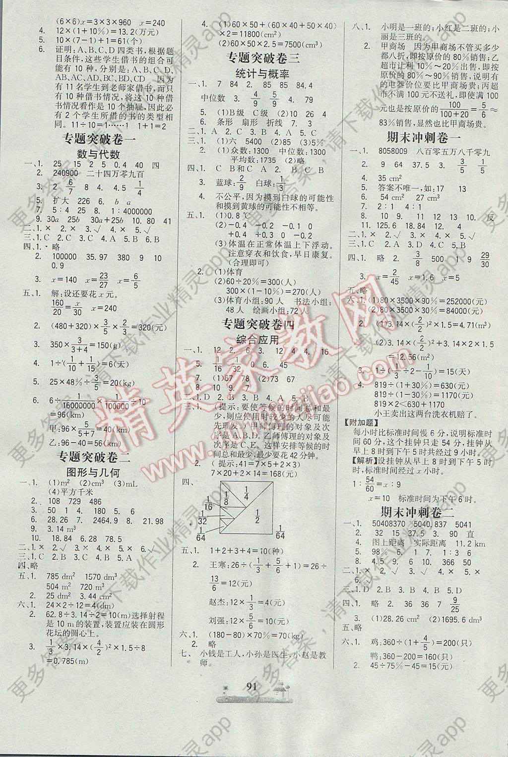 2017年课时练全优达标测试卷六年级数学下册人教版答案