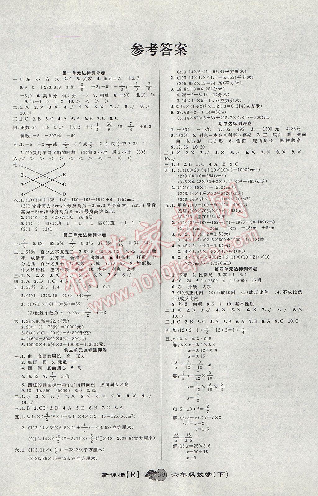 2017年第一好卷衝刺100分六年級數學下冊人教版參考答案第1頁參考答案