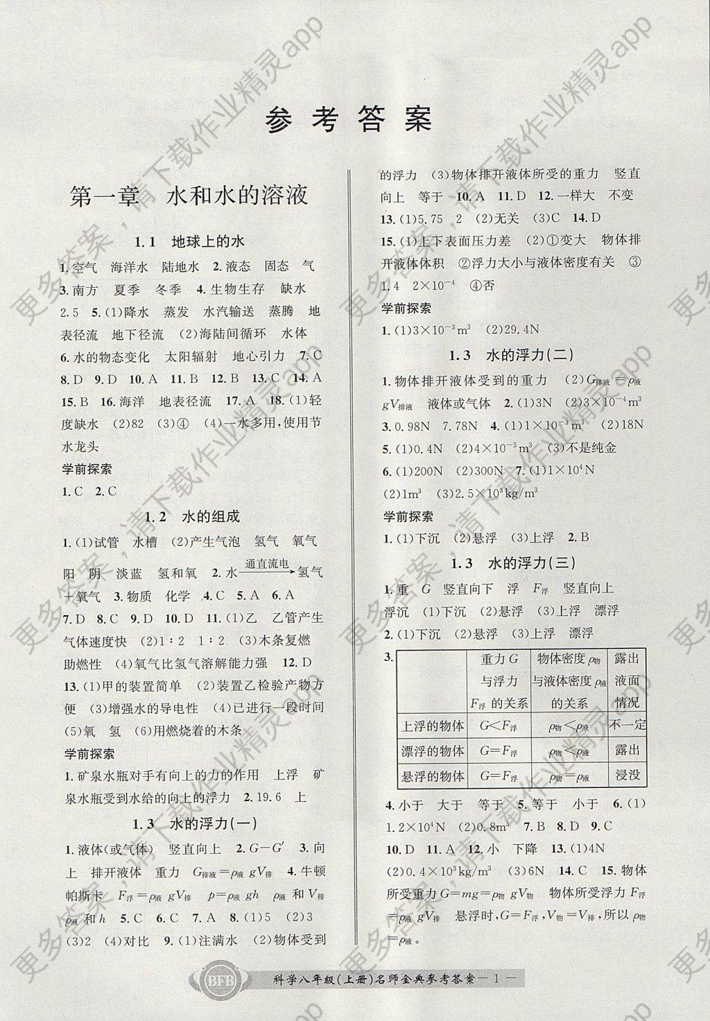 2017年名师金典bfb初中课时优化八年级科学上册理科综合浙教版