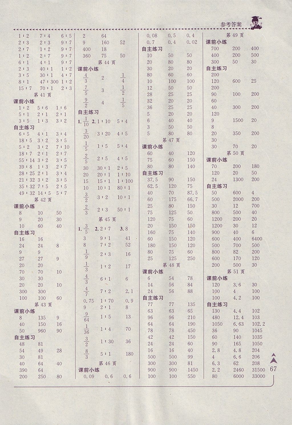 2017年黃岡小狀元口算速算練習冊六年級數學上冊北師大版 參考答案第5