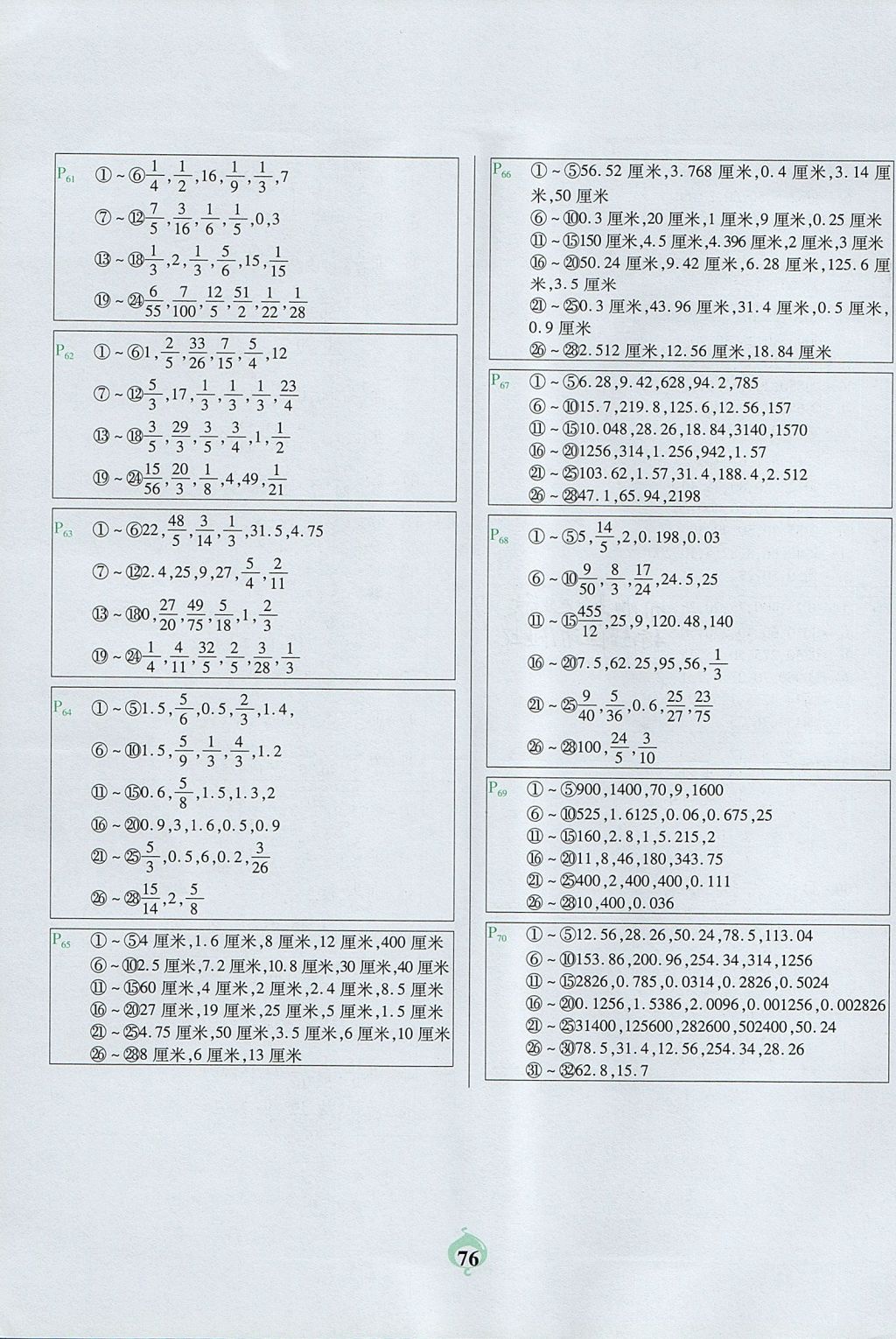 2017年计算小能手口算题卡六年级数学上册人教版 参考答案第6页