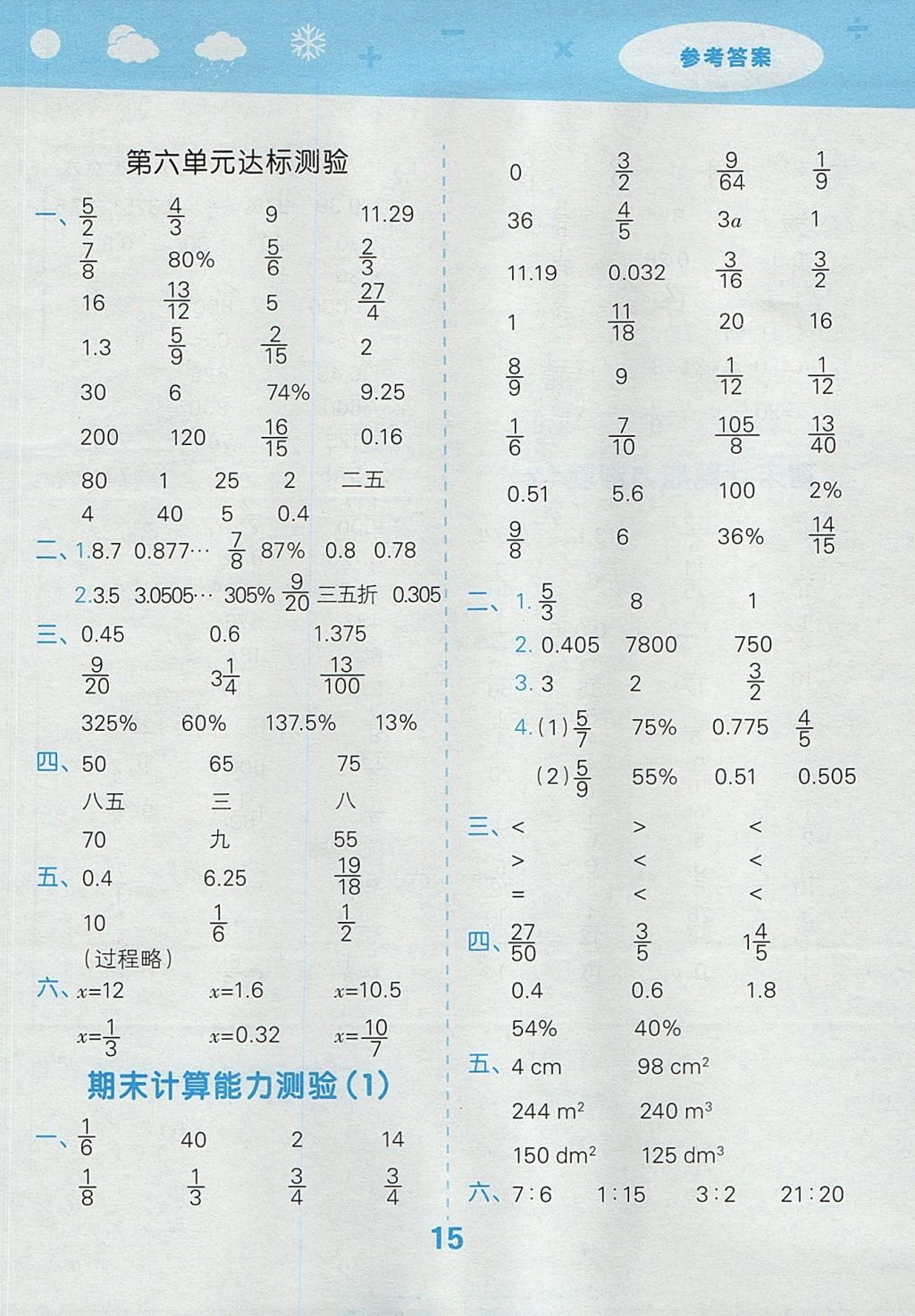 2017年小學口算大通關六年級數學上冊蘇教版 參考答案第15頁