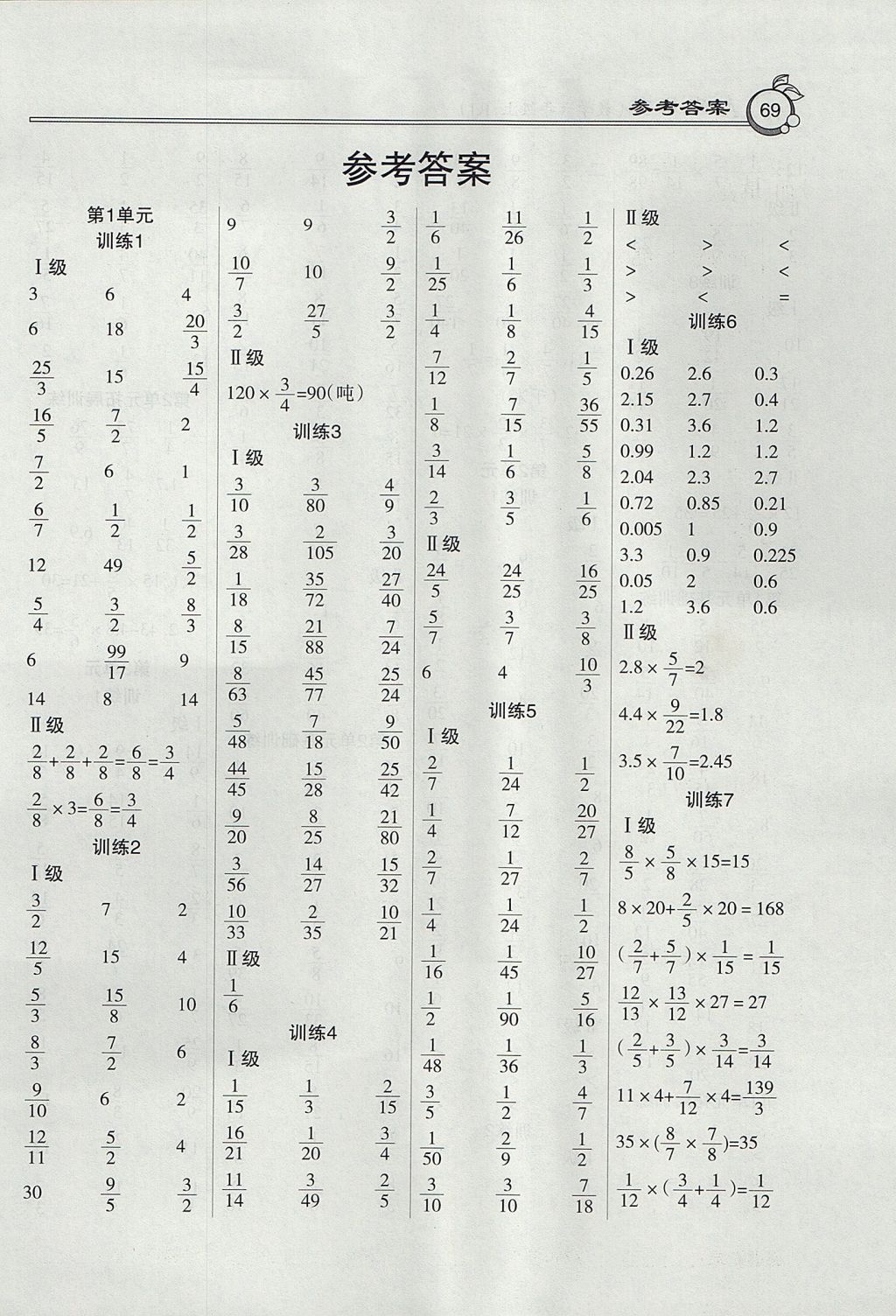 2017年小学数学a级口算六年级上册人教版 参考答案第1页