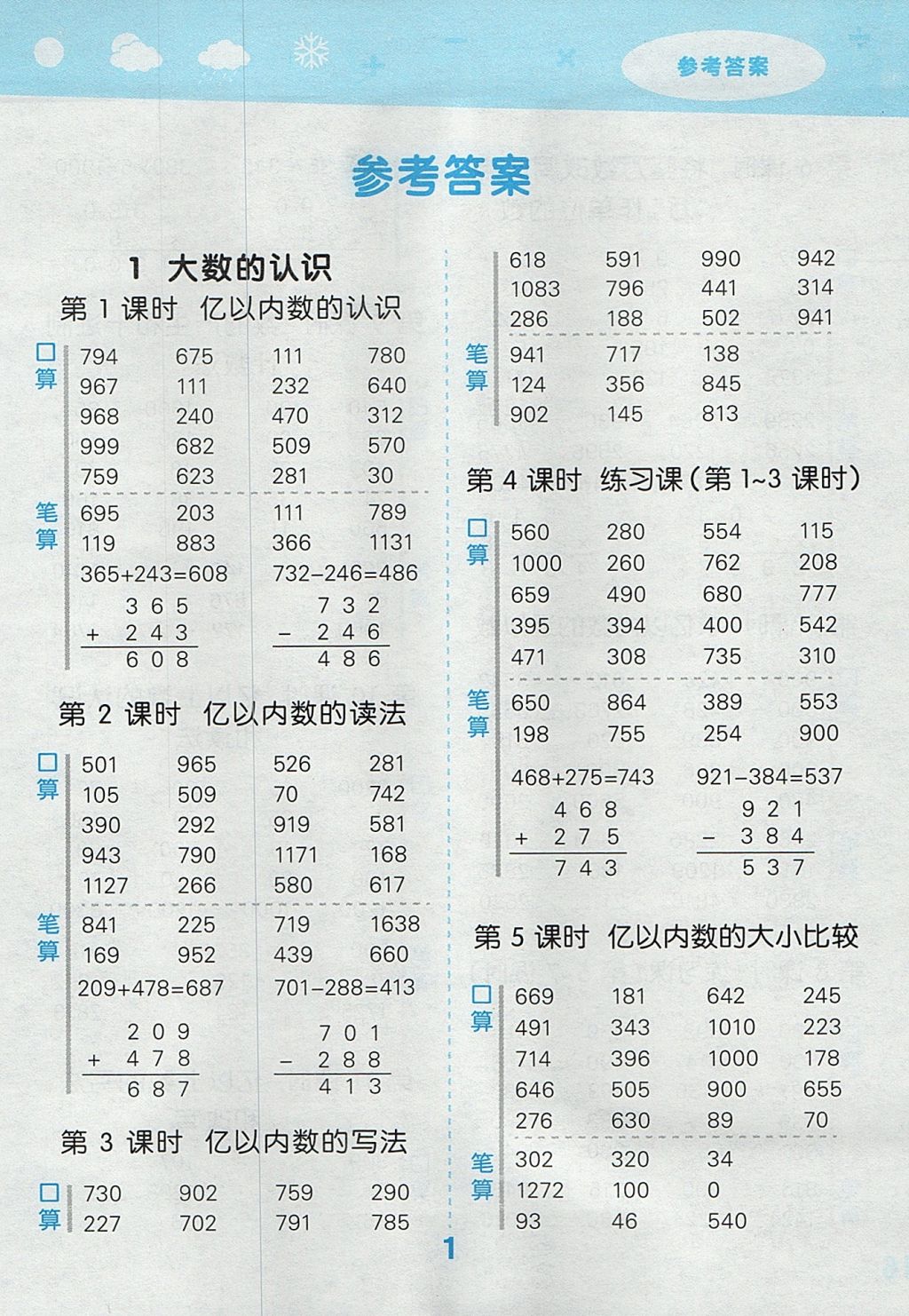 2017年小学口算大通关四年级数学上册人教版 参考答案第1页