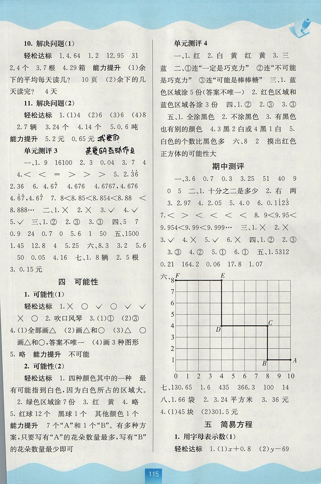 2017年自主学习能力测评五年级数学上册人教版 参考答案第3页