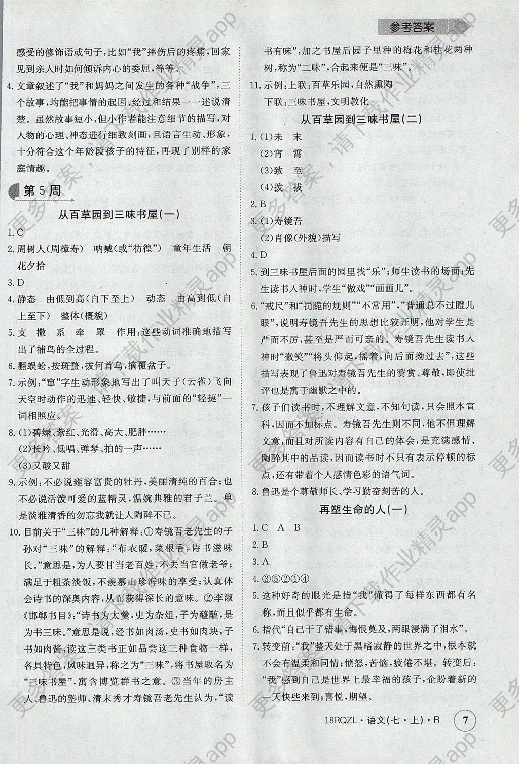 2017年日清周練限時提升卷七年級語文上冊 參考答案第7頁