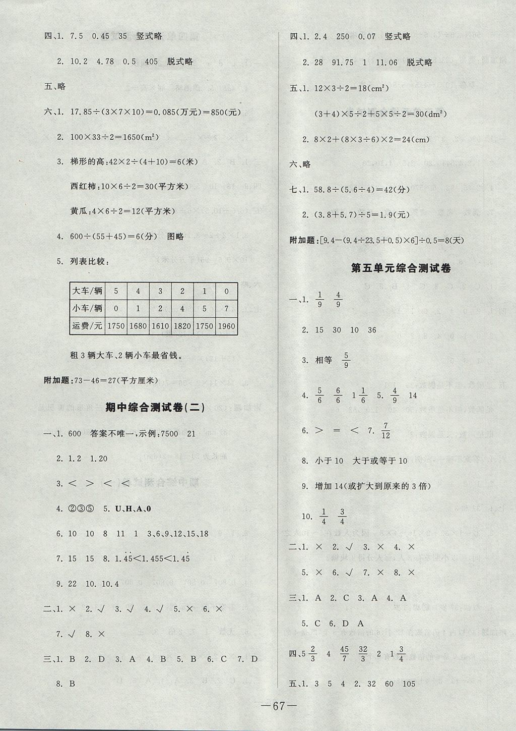 2017年尖子生單元測試五年級數學上冊北師大版 參考答案第3頁