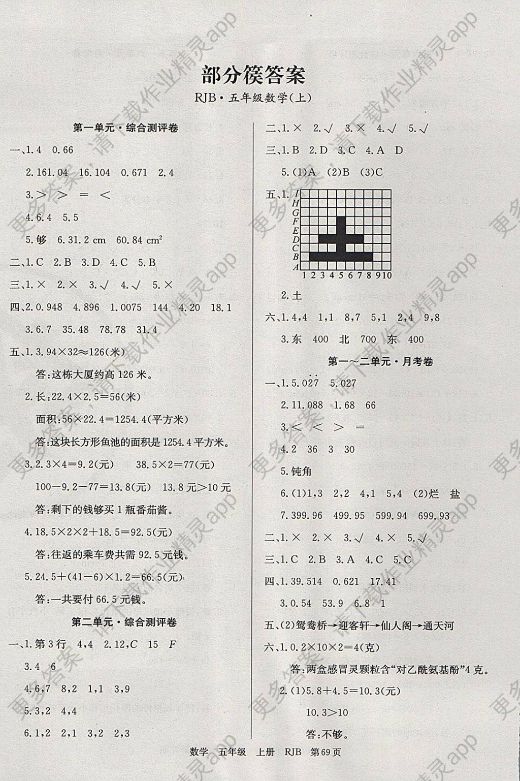 2017年优优好卷单元测评卷五年级数学上册人教版 参考答案第1页