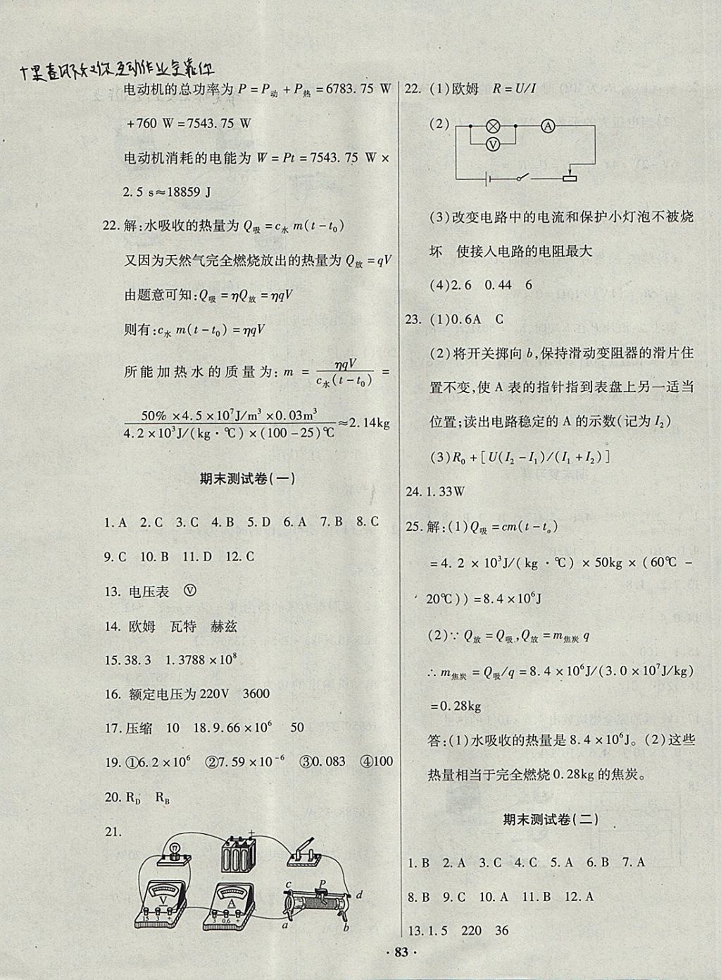 2017年优化夺标单元测试卷九年级物理上册人教版 参考答案第11页