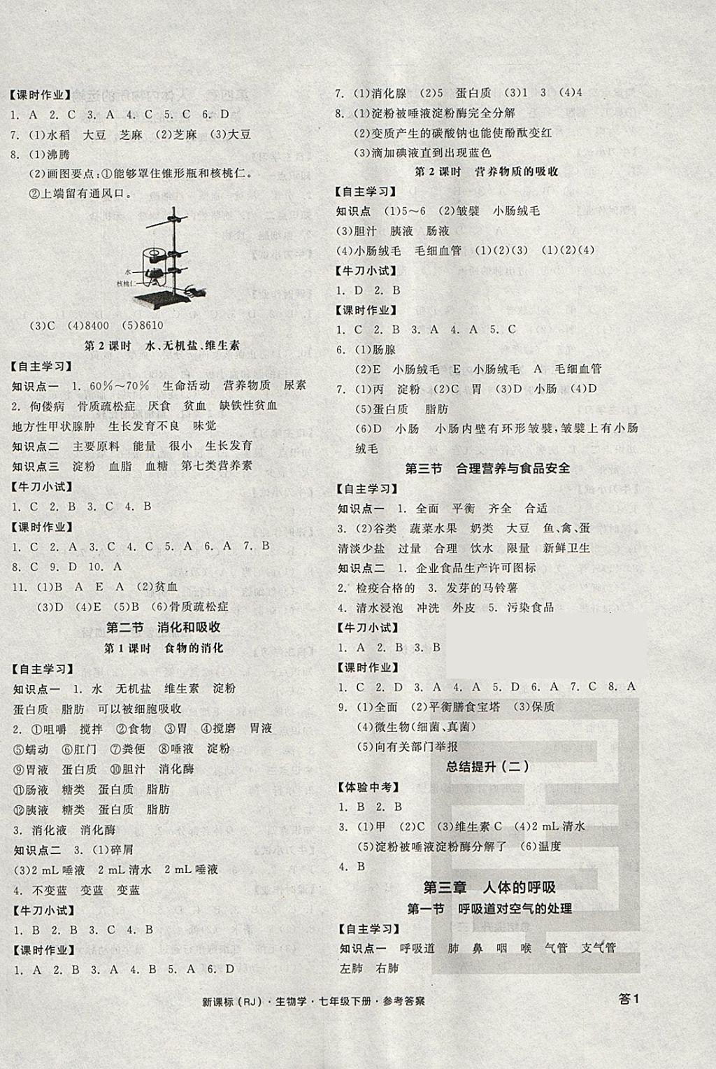 2018年全品学练考七年级生物学下册人教版 参考答案第2页