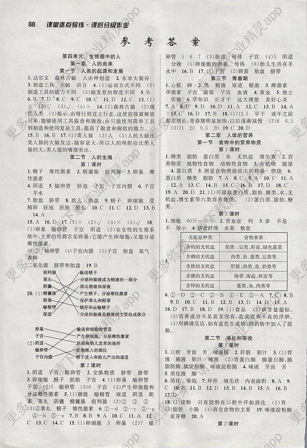 2018年课时夺冠七年级生物下册人教版 参考答案第1页