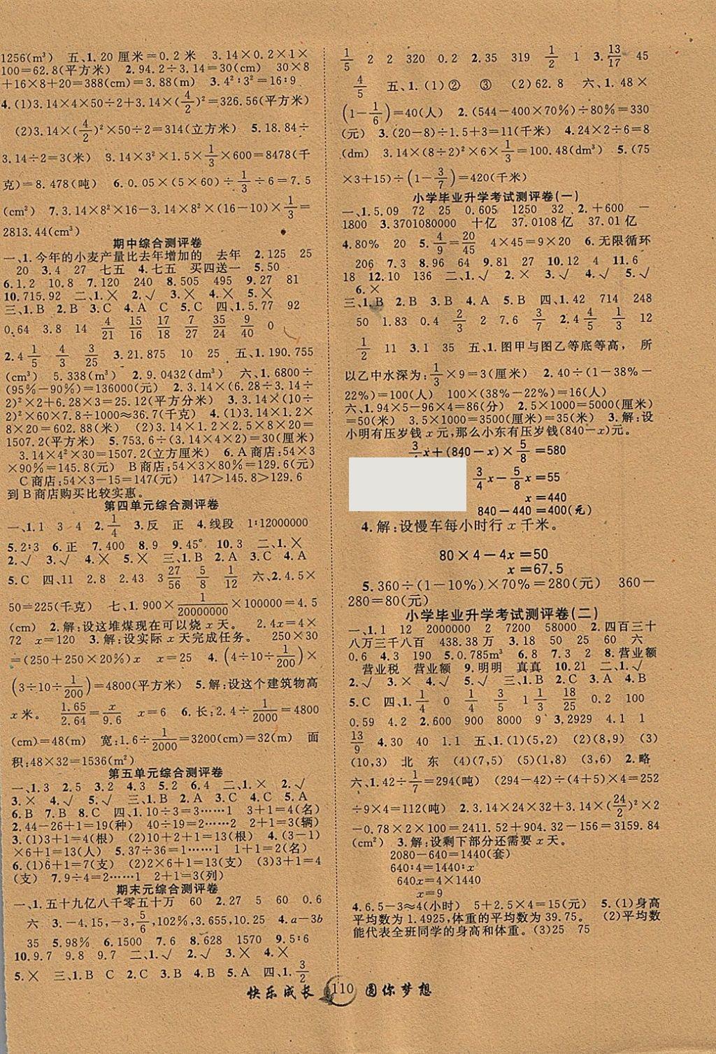 2018年优质课堂快乐成长六年级数学下册人教版 参考答案第6页