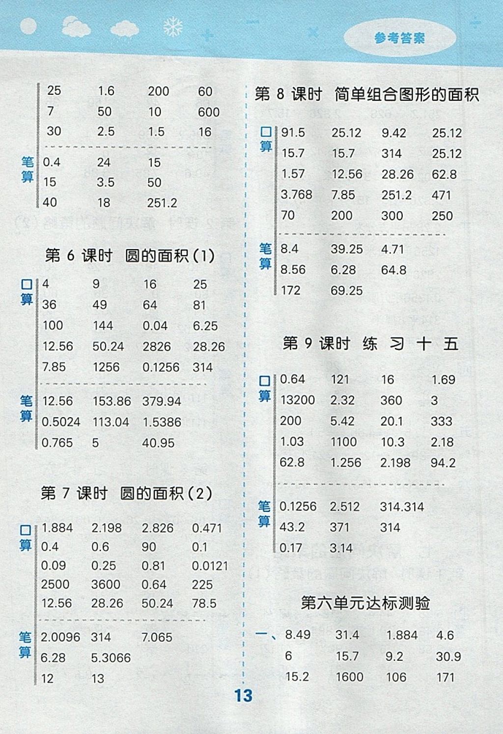 2018年小学口算大通关五年级数学下册苏教版 参考答案第13页