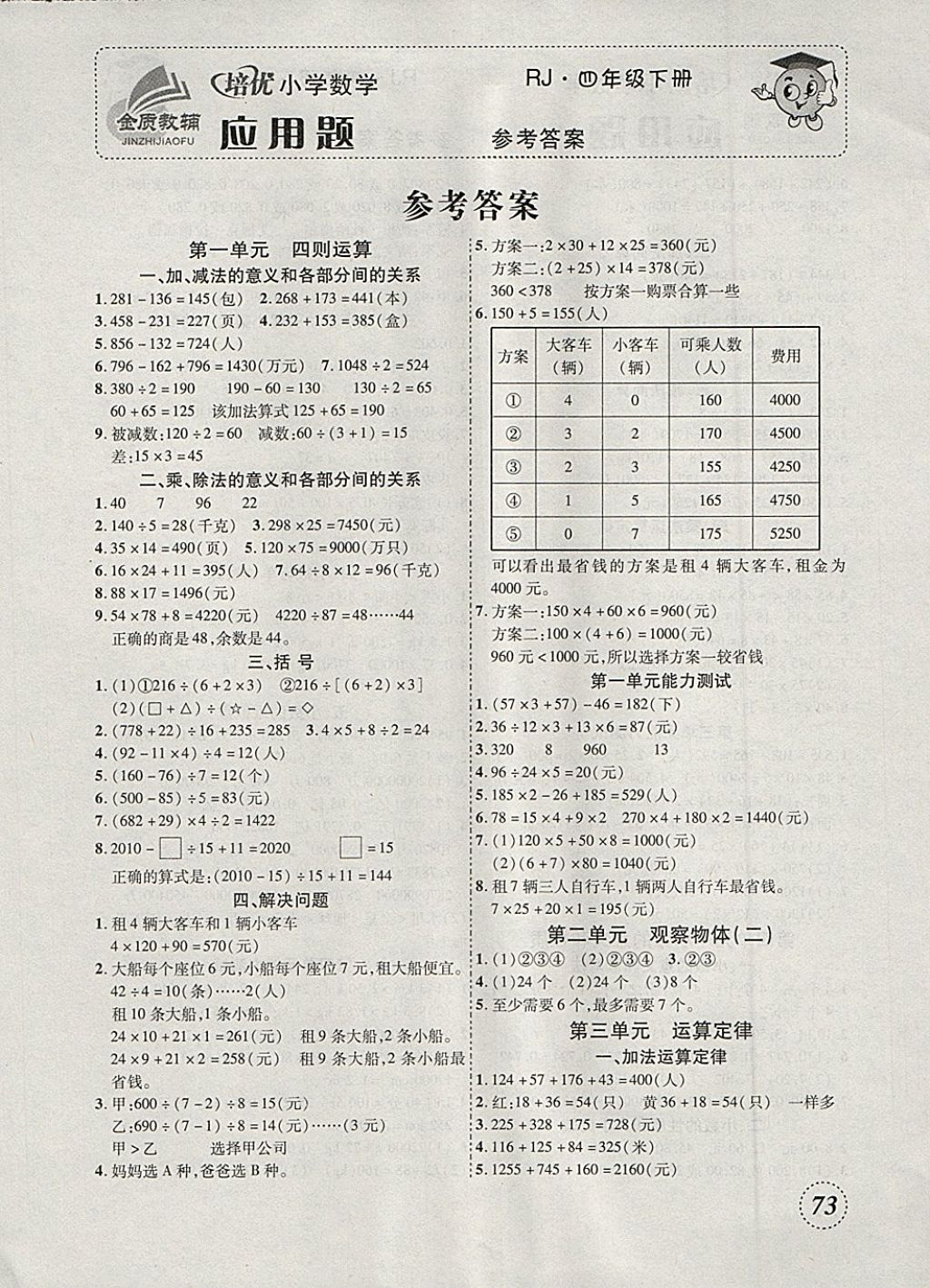 2018年小学数学培优应用题天天练四年级下册人教版答案