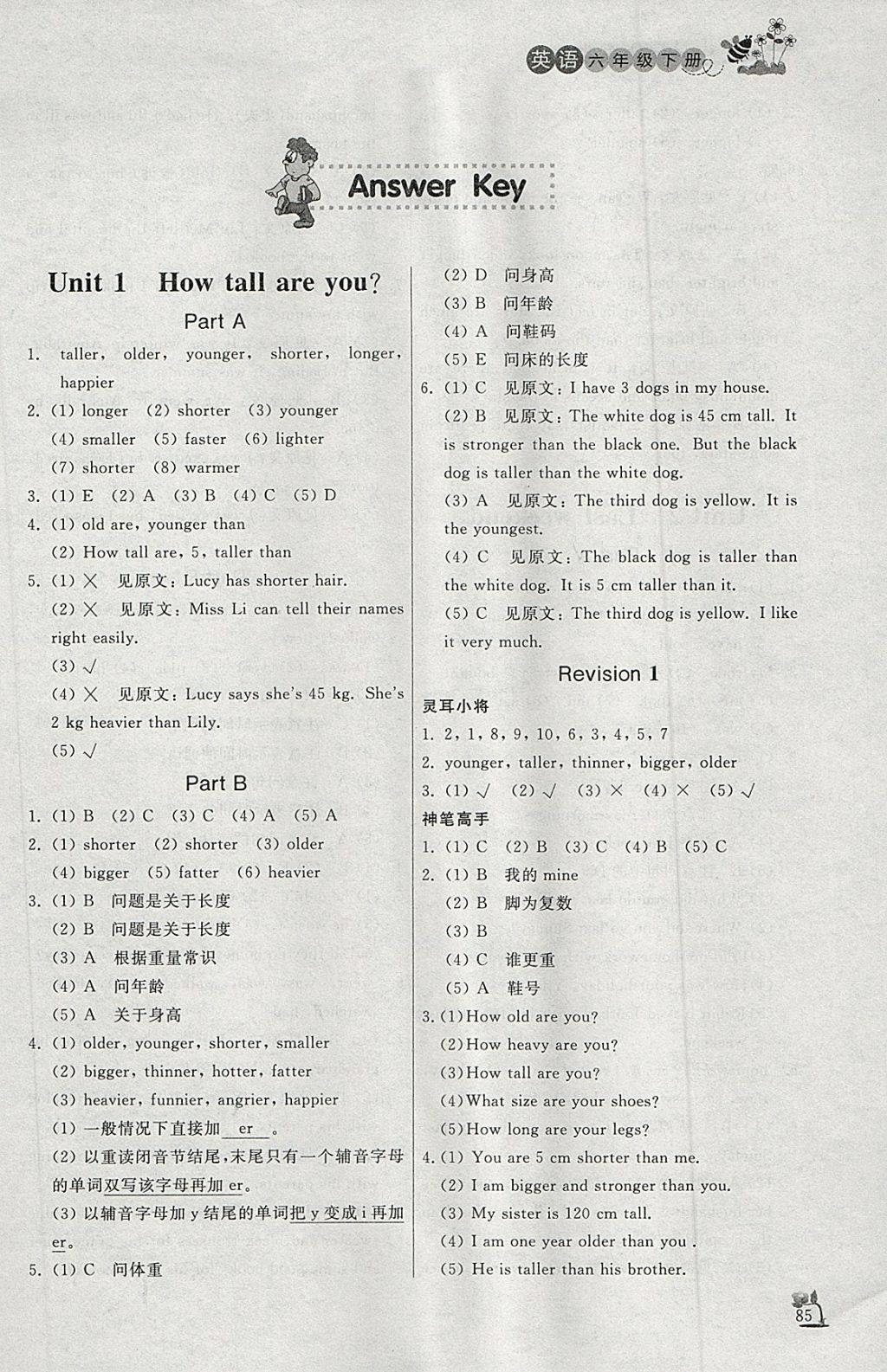 2018年小学课外作业六年级英语下册 参考答案第1页 参考答案