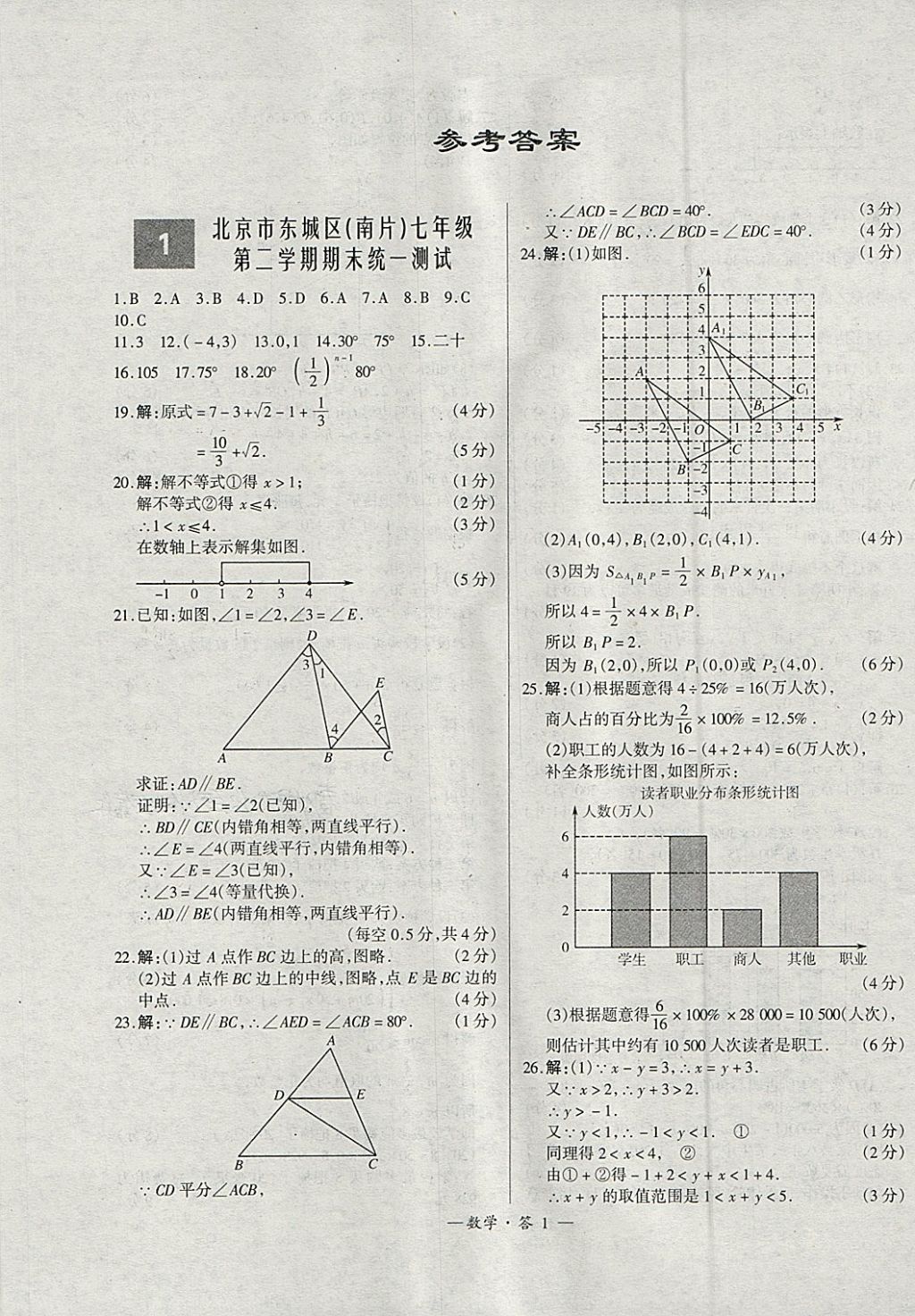 2018年天利38套初中名校期末联考测试卷七年级数学第二学期人教版答案