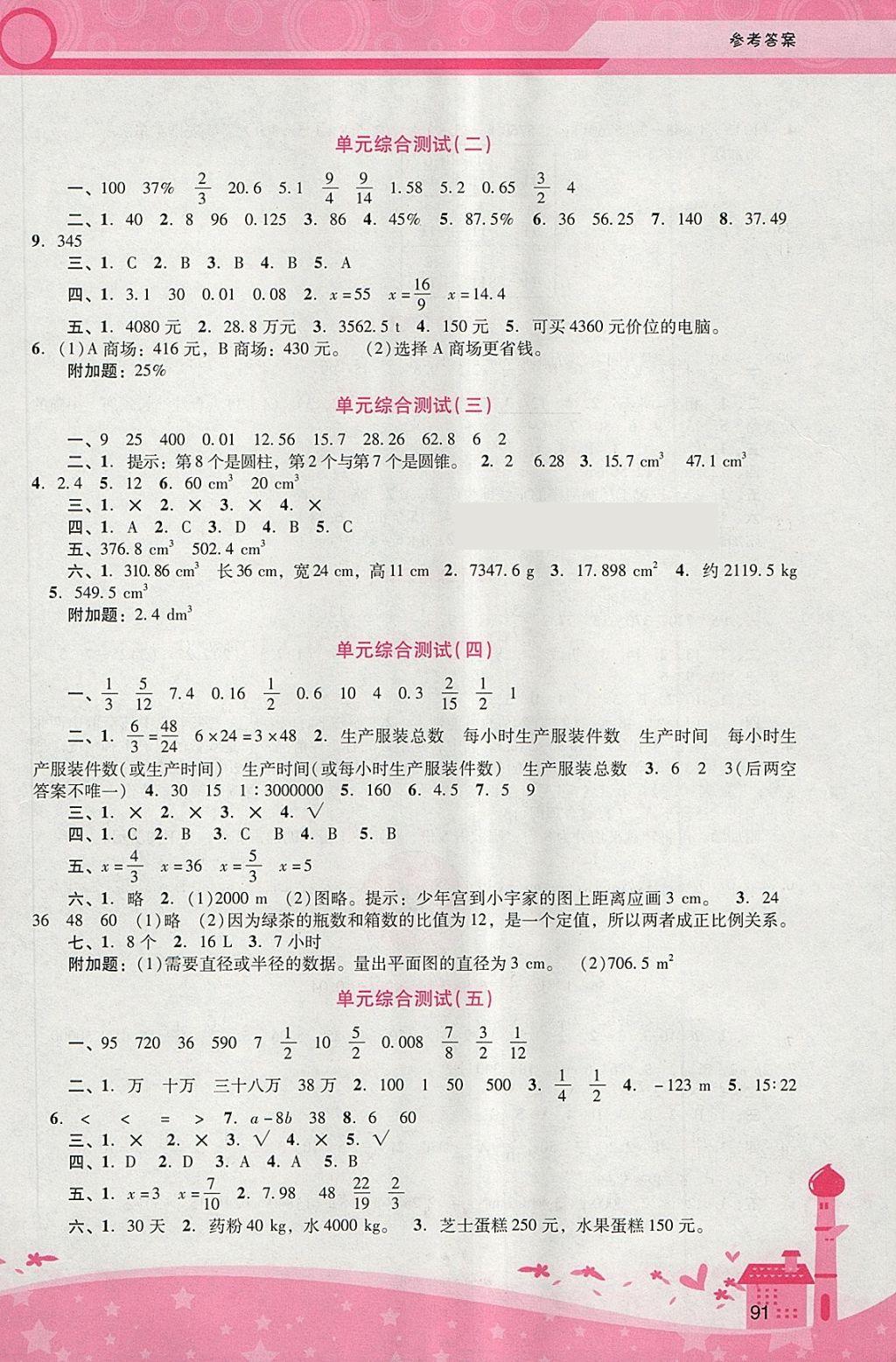 2018年自主与互动学习新课程学习辅导六年级数学下册人教版 参考答案