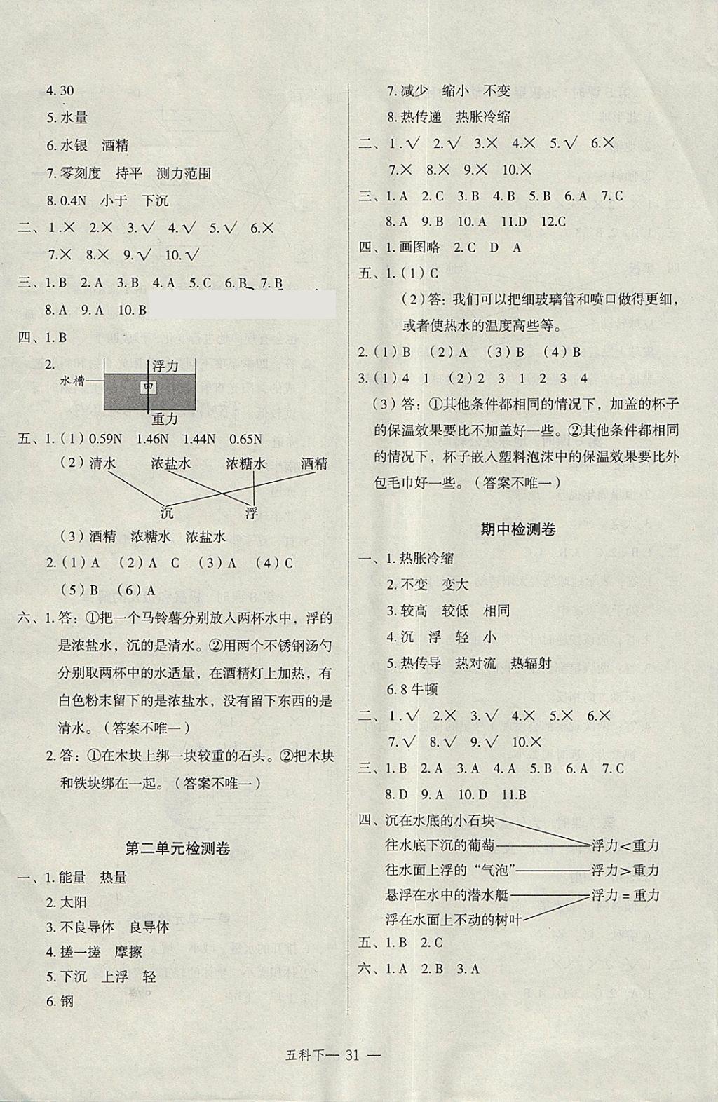 2018年名师面对面先学后练五年级科学下册教科版 参考答案第7页