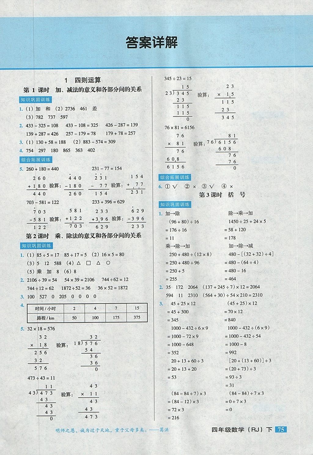 2018年状元训练法课时同步练测四年级数学下册人教版答案