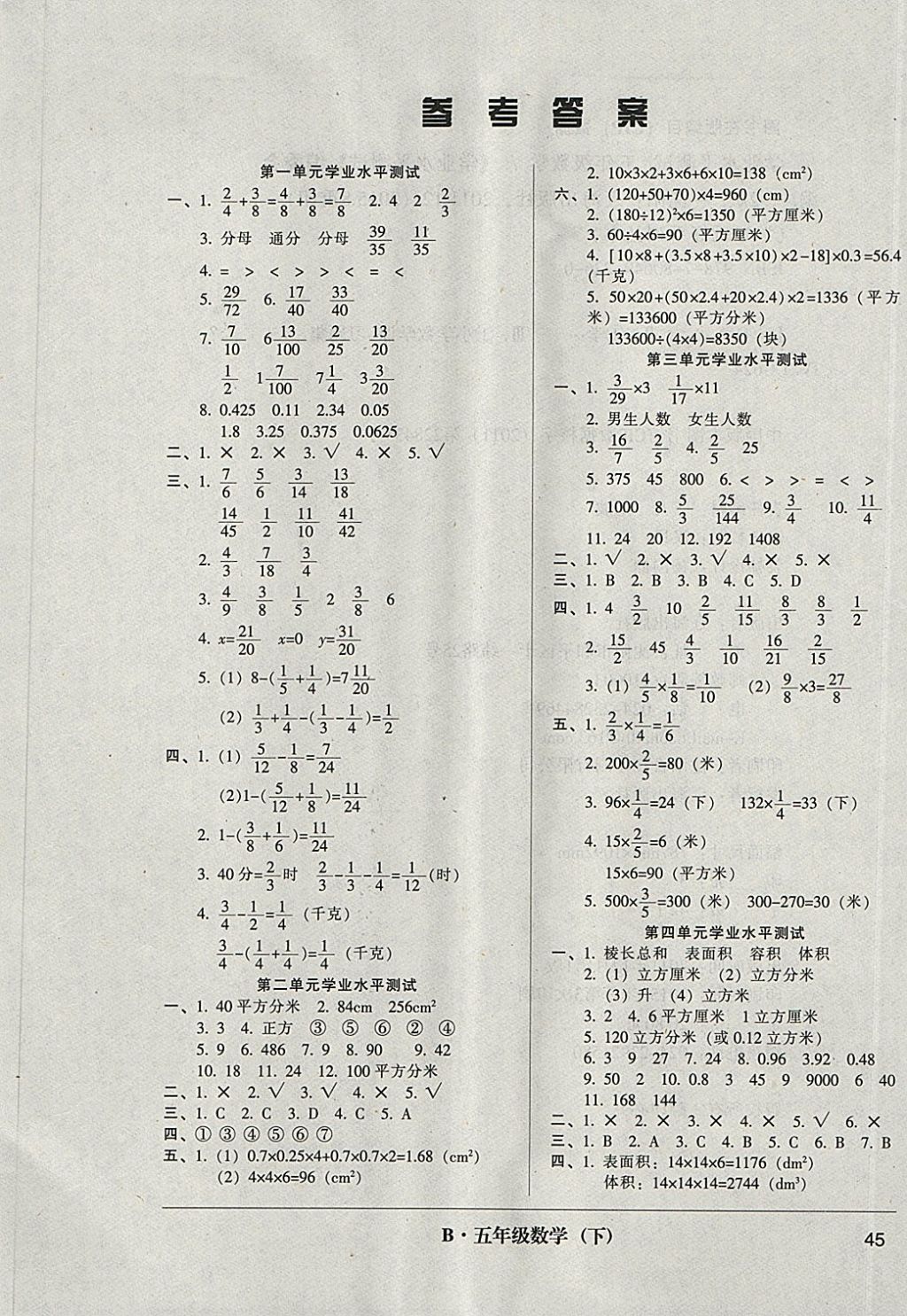 2018年学业水平测试质量监测单元模拟试卷五年级数学下册