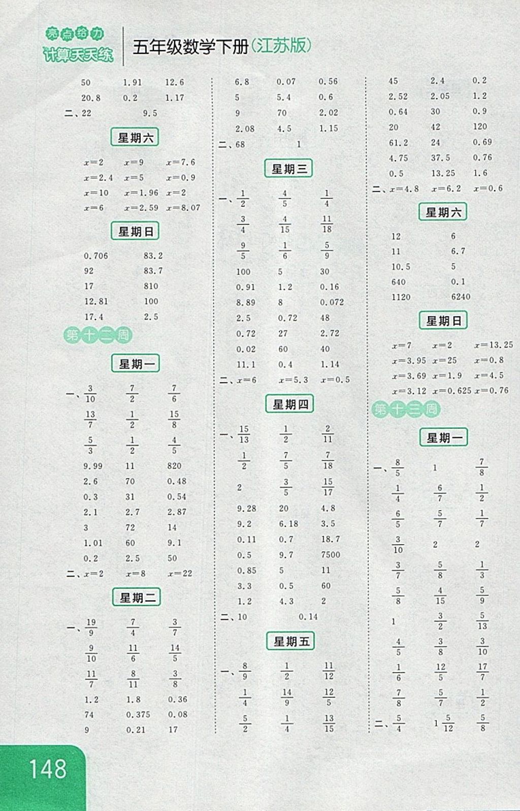 2018年亮点给力计算天天练五年级数学下册江苏版