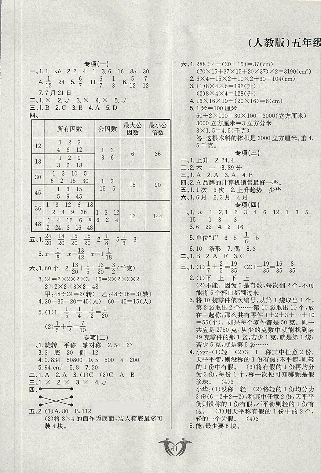 2018年小学期末黄冈密卷五年级数学下册人教版答案—青夏教育精英