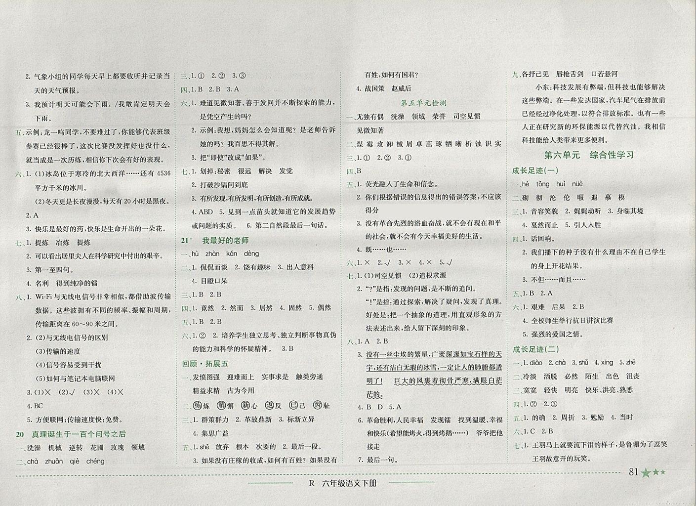 2018年黄冈小状元作业本六年级语文下册人教版深圳专版 参考答案第6页