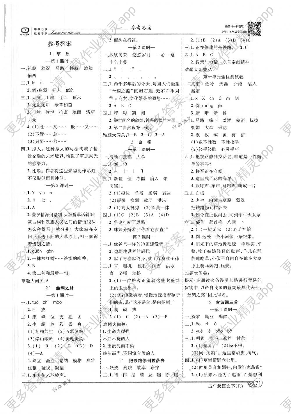 2018年全优课堂考点集训与满分备考五年级语文下册人教版答案—精英