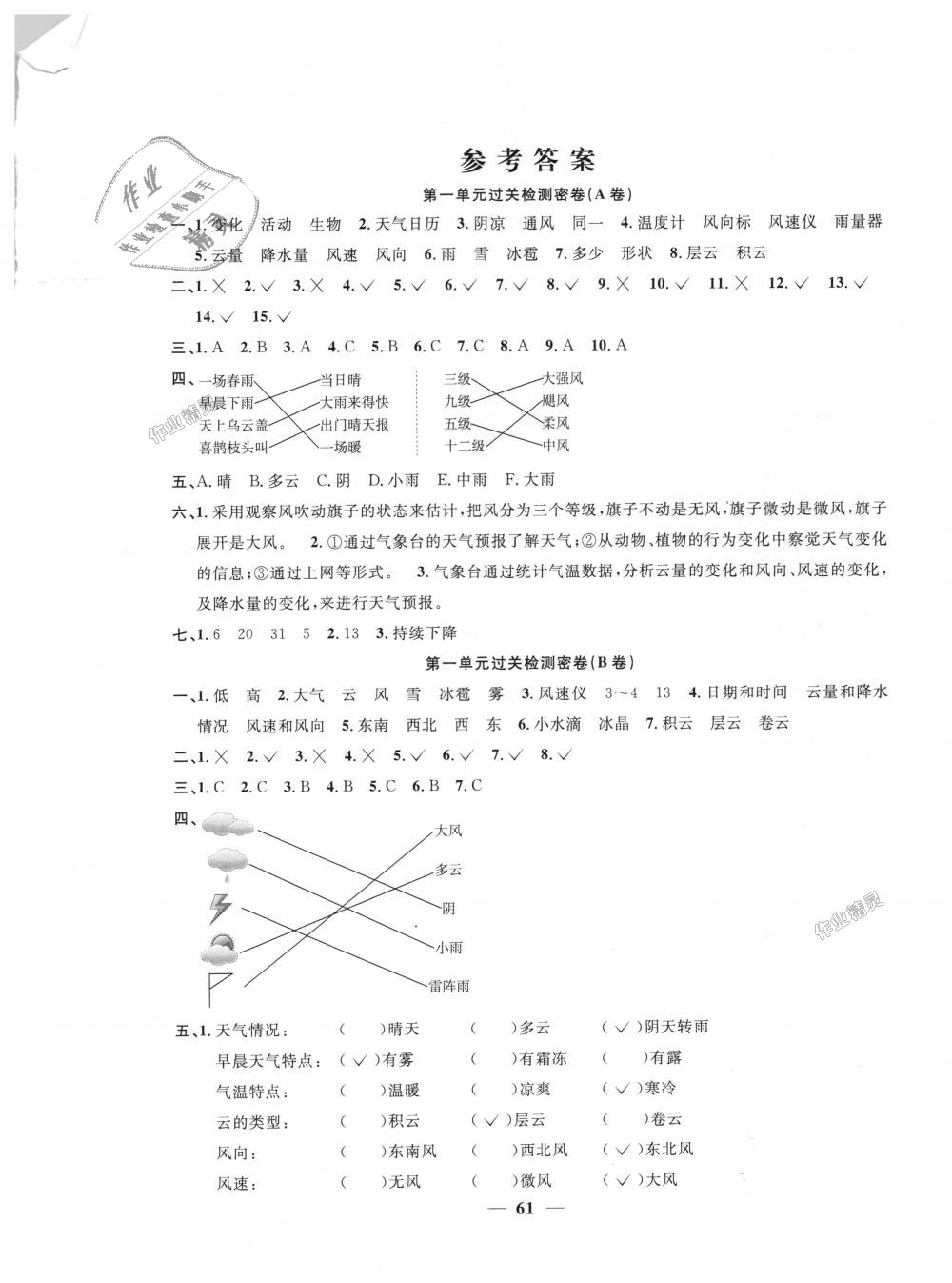 2021年阳光同学一线名师全优好卷四年级科学下册教科版第1页参考答案