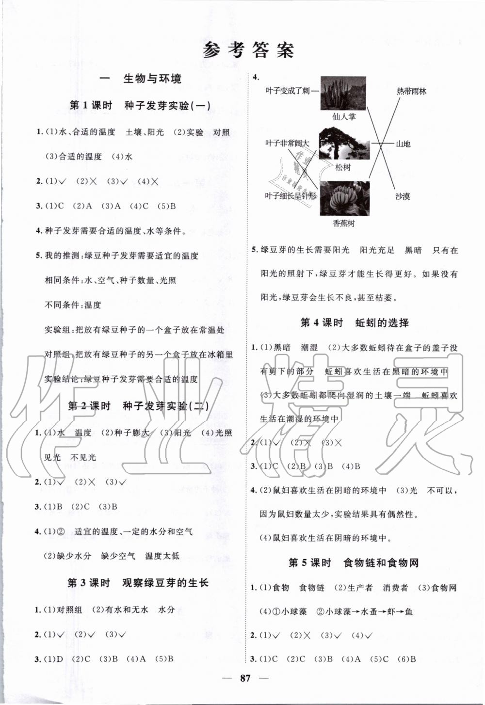 2019年阳光同学课时优化作业五年级科学上册教科版答案